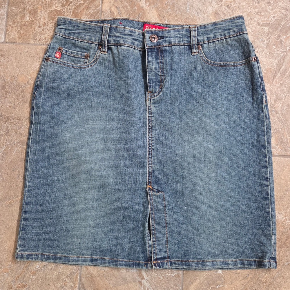 Vintage Y2K Plugg Womens Blue Denim Skirt Size 9 A Line Midi Front Slit Casual